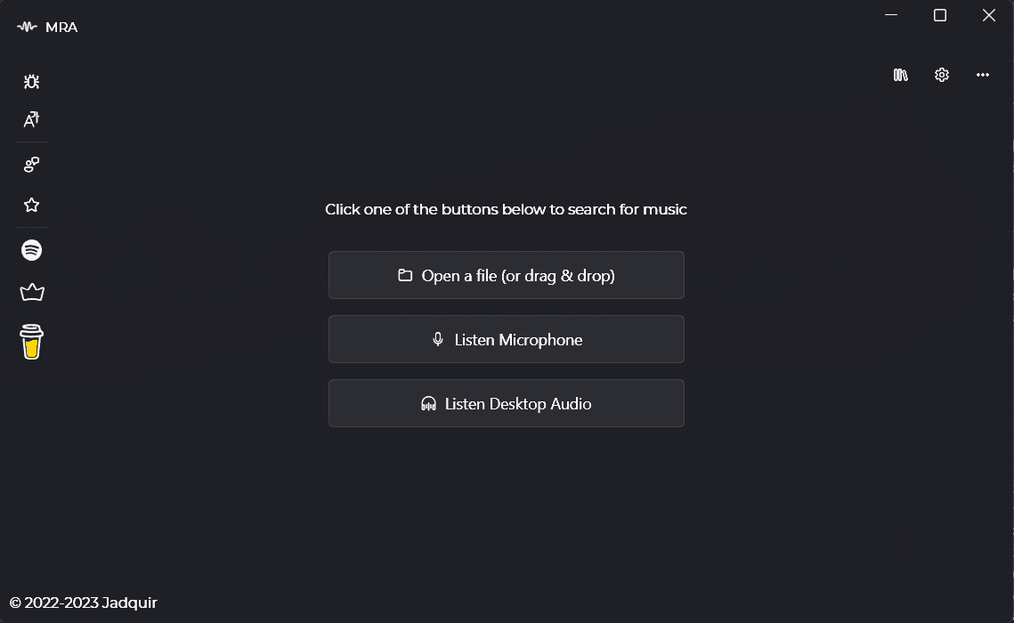 MRA Main Menu showing music recognition interface