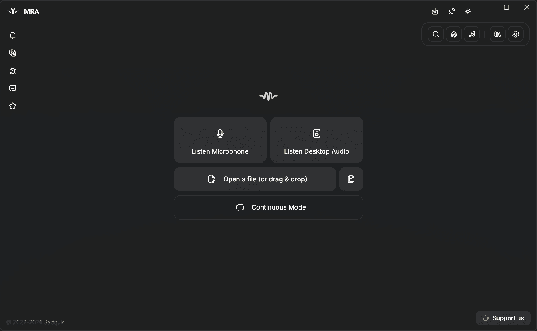 MRA Main Menu showing music recognition interface